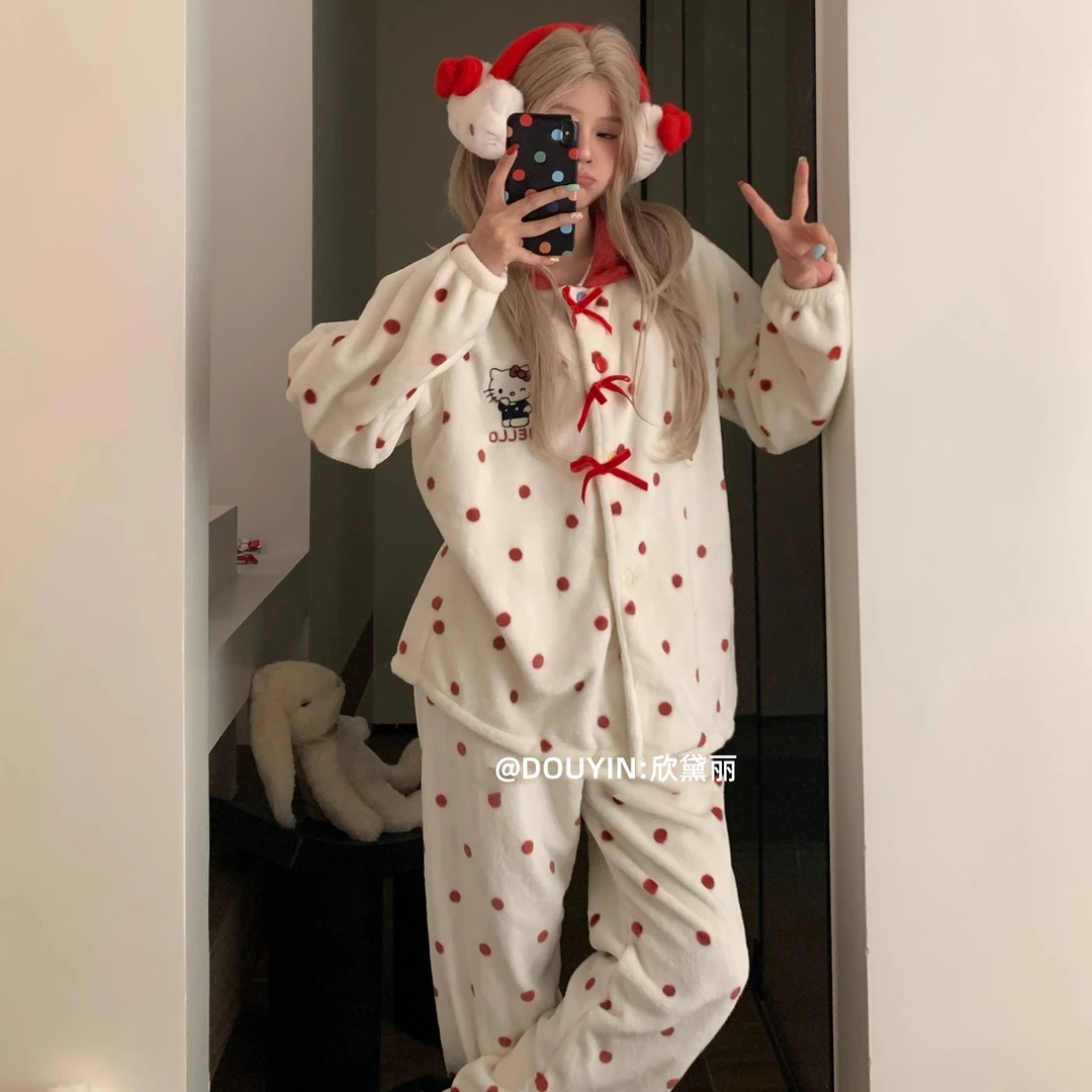 hellokitty珊瑚绒睡衣女款秋冬季加厚保暖卡通甜妹波点家居服套装