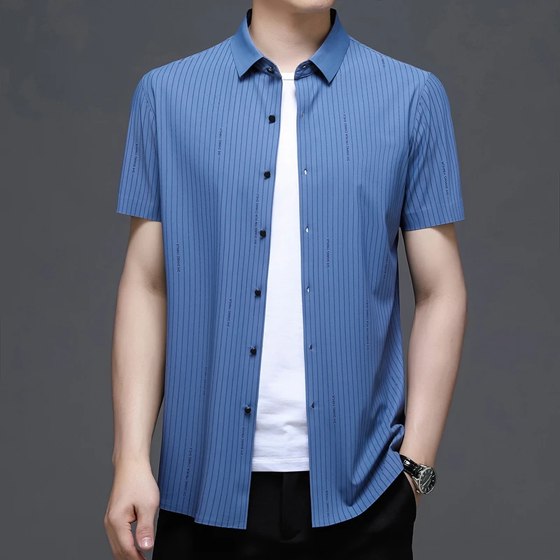 高弹无痕  新款短袖锦氨条纹无痕衬衫