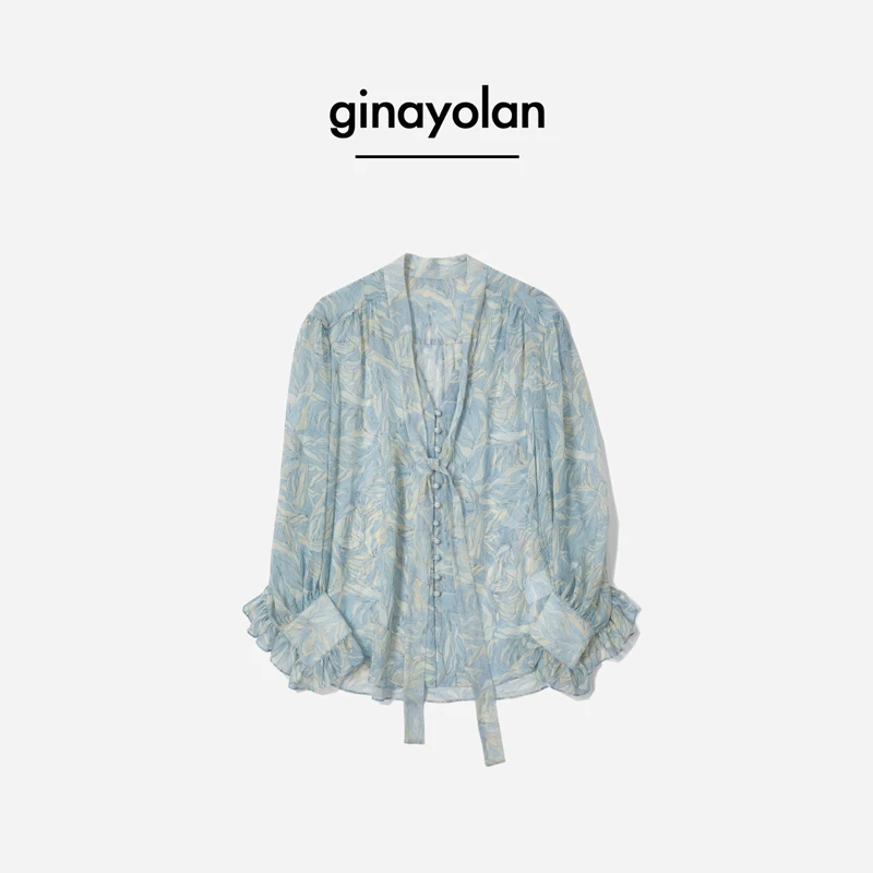 GINAYOLAN/瑾颜【真丝系列】原创设计提花淡蓝气质碎花飘带衬衣