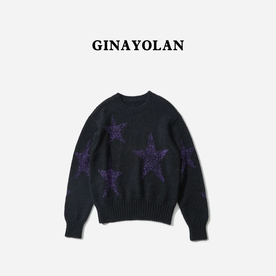 GINAYOLAN/瑾颜【设计师系列】意大利进口面料新品黑紫圆领针织毛衣