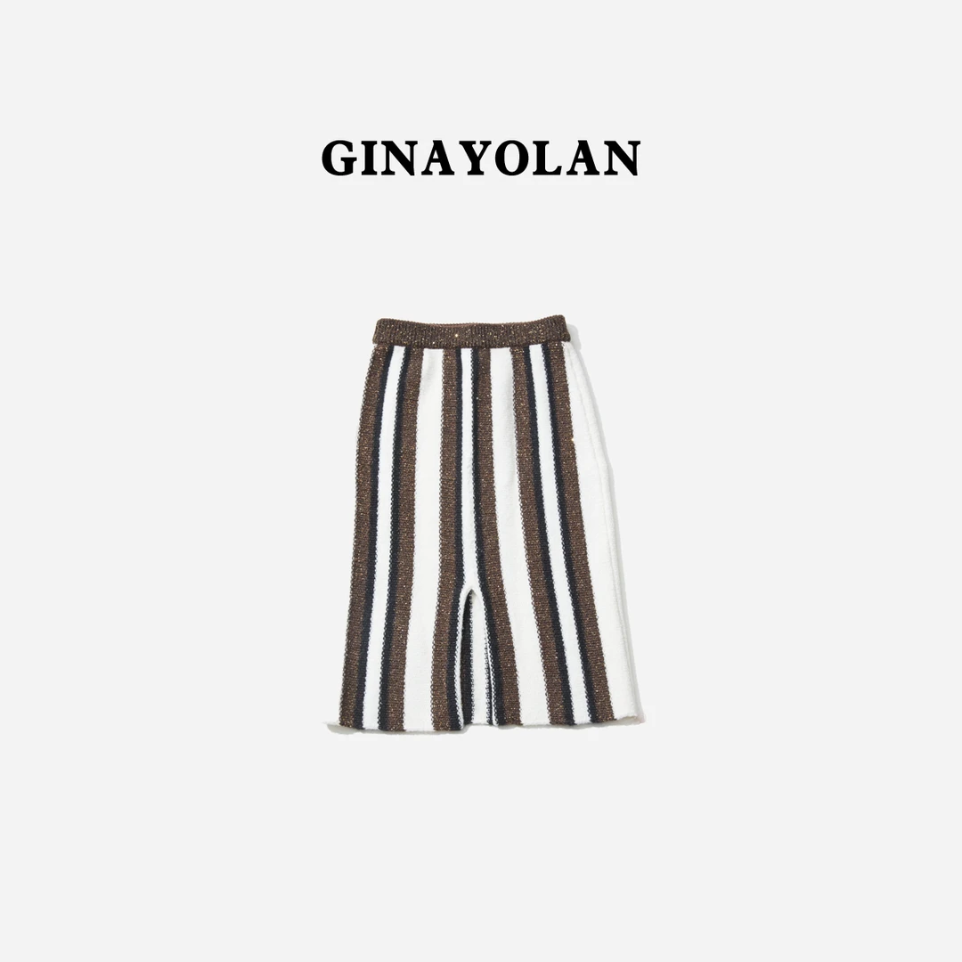 GINAYOLAN/瑾颜【设计师系列】意大利进口面料时尚条纹秋冬撞色半裙
