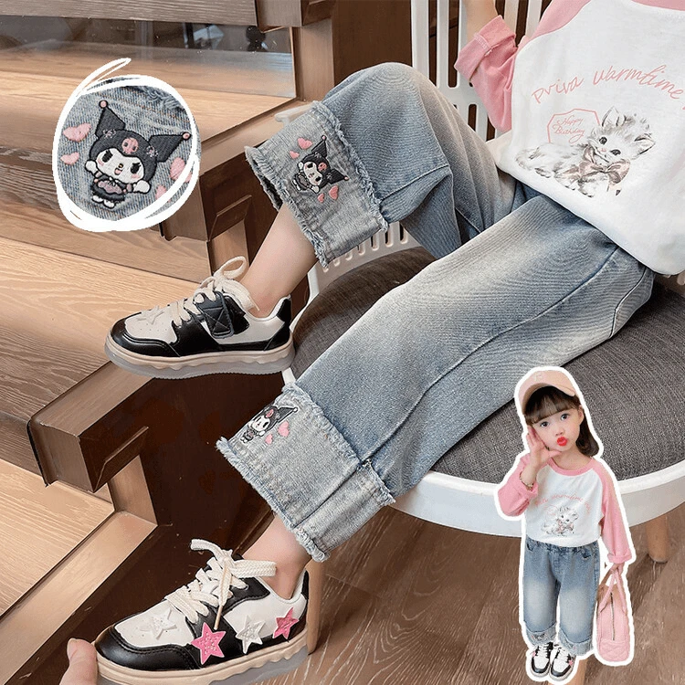 女童裤子春秋款2024新款春季女宝宝时髦洋气儿童卡通阔腿牛仔裤