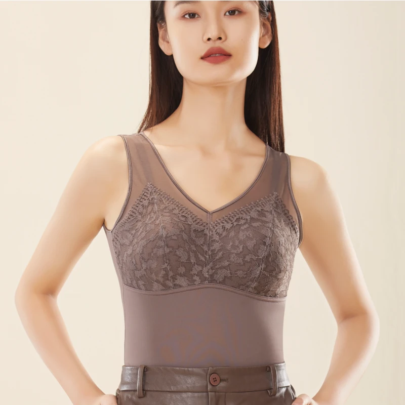 秋冬新款桑蚕丝自带杯垫被暖养护型保暖美背蕾丝暖背打底女士绣花