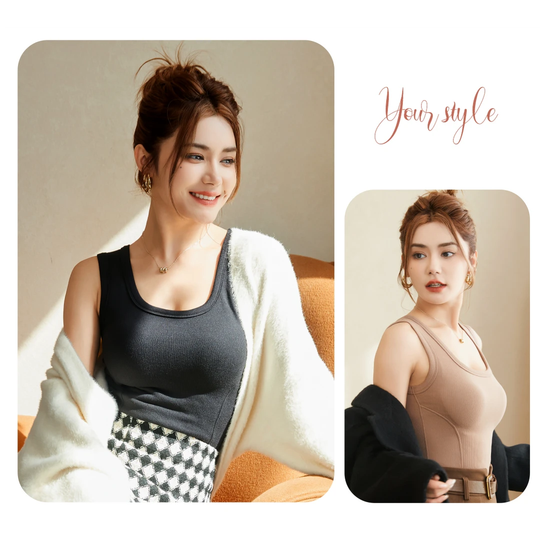 羊毛石墨烯固定杯背心可外穿一体式保暖防寒美背纯女士贴片方领冬