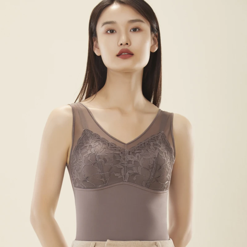 桑蚕丝天然乳胶自带杯垫蕾丝保暖背心内衣文胸打底女士美背简约