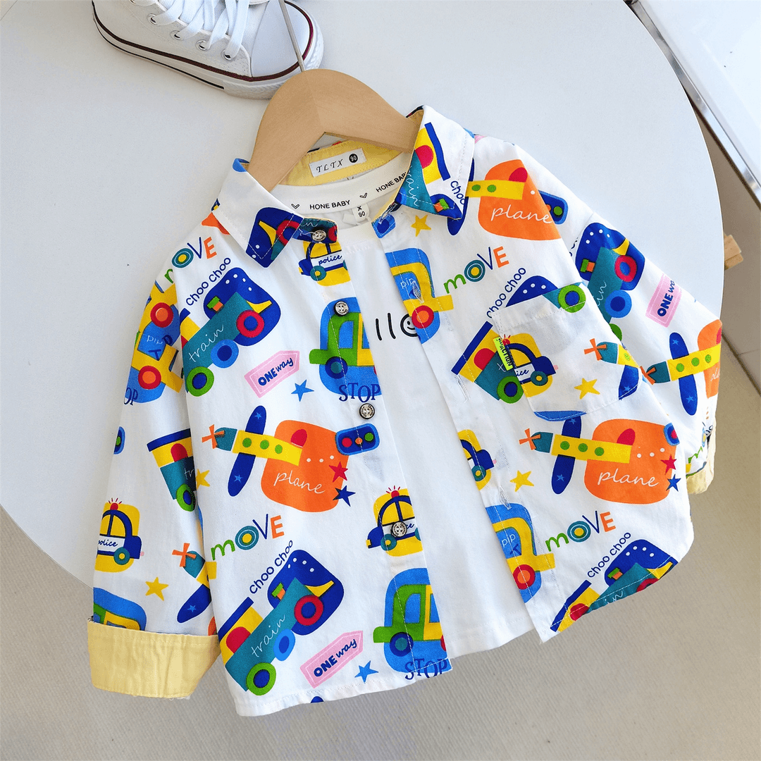2024春装新款男童宝宝衬衫小童时尚满印卡通休闲儿童长袖衬衣春秋