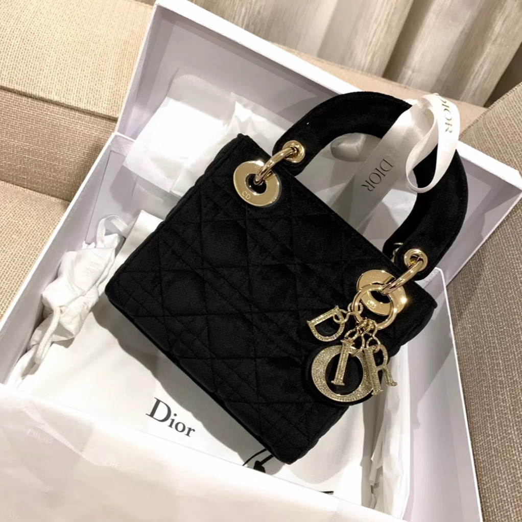 99新 DIOR/迪奥 Dior戴妃三格丝绒钻扣黑色时尚气质包/JM6602