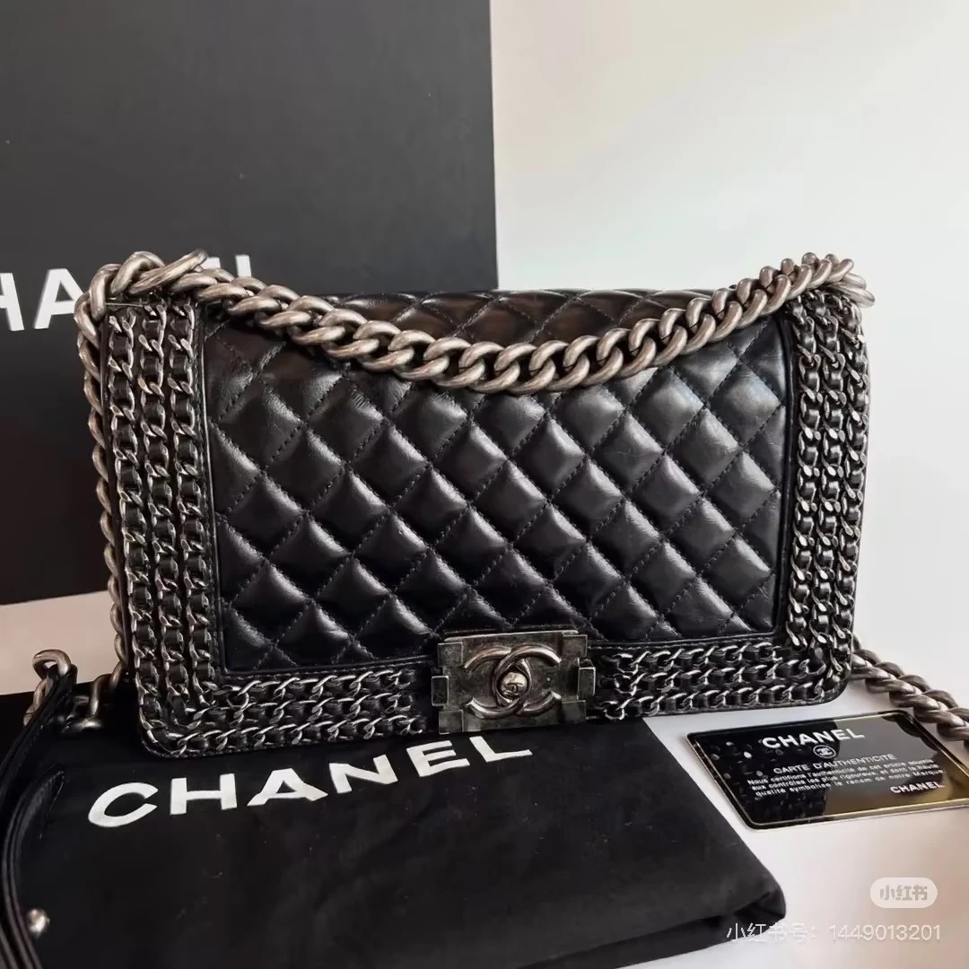 95新 Chanel/香奈儿 Chanel leboy中号油蜡皮黑银链条包/安琪14
