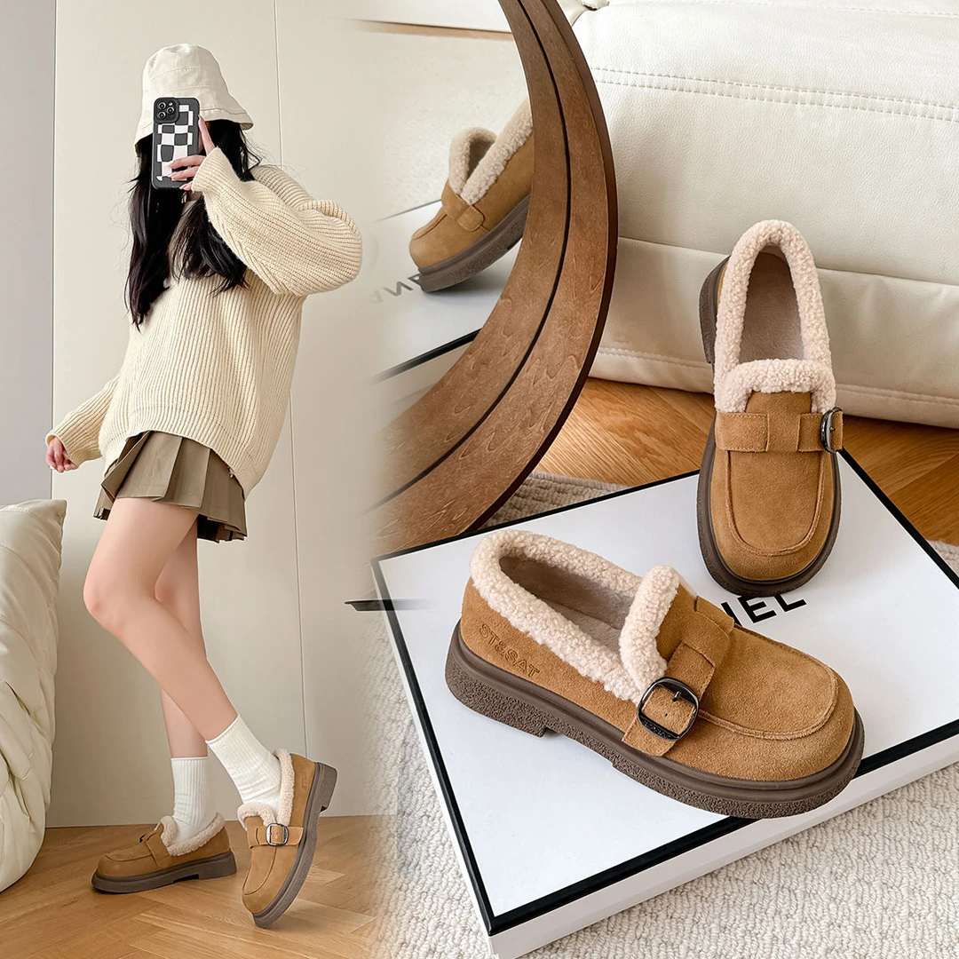 星期六真皮冬季棉鞋时尚加绒平底毛毛鞋一脚蹬保暖雪地靴厚底女鞋