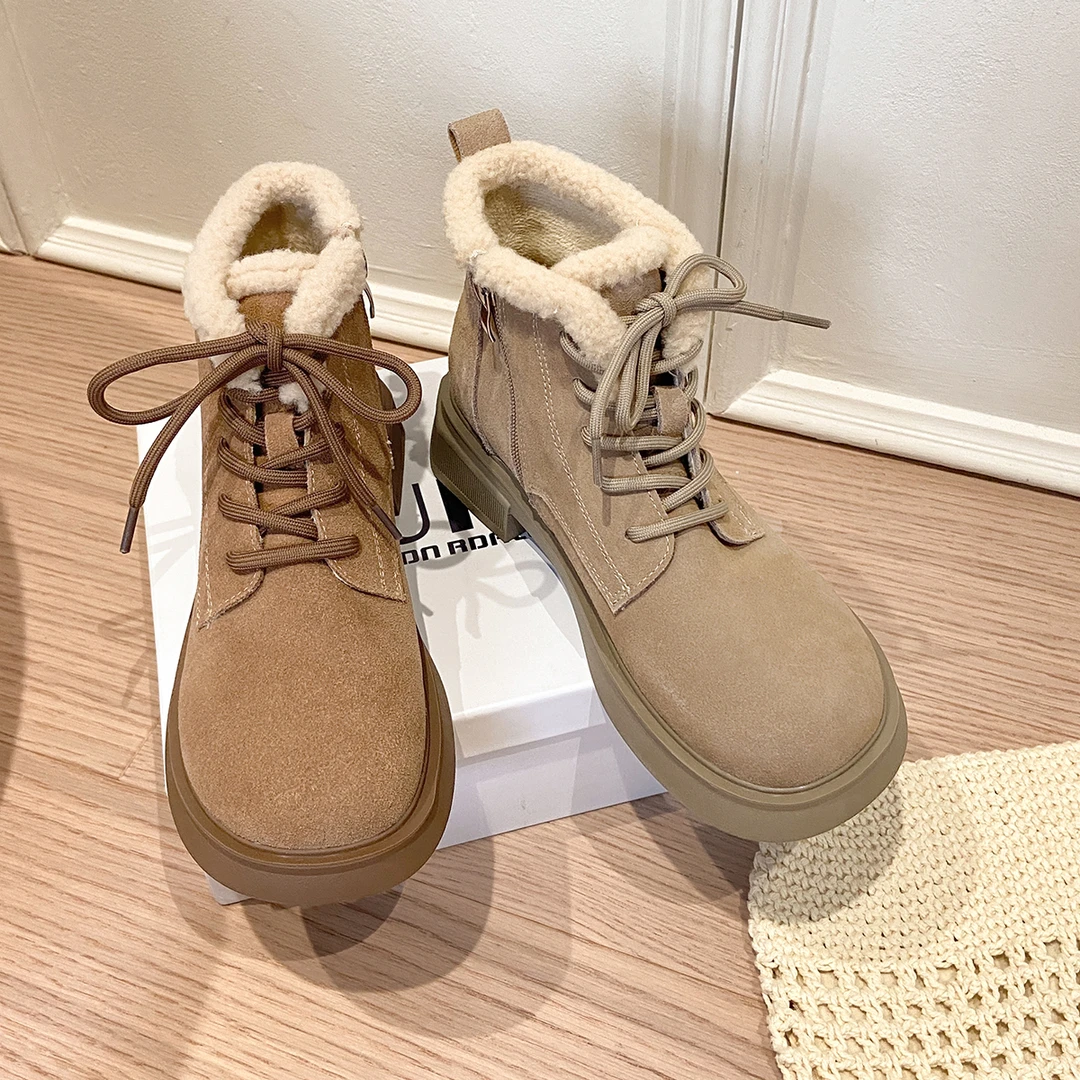 星期六时尚马丁靴女2024冬季新款真皮加绒棉鞋保暖防滑厚底雪地靴