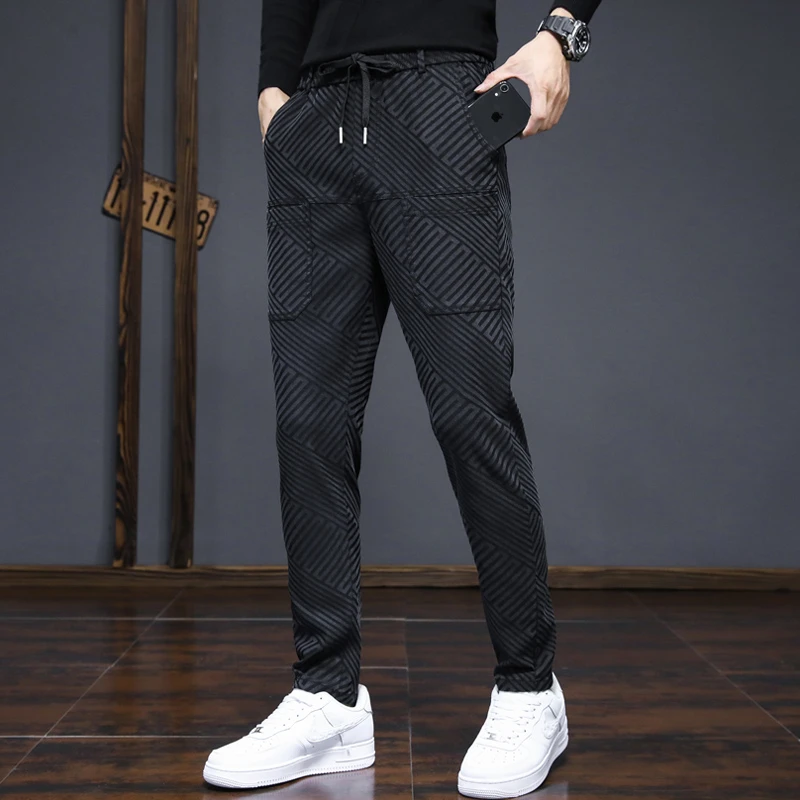 六兜大口袋男士提花休闲裤秋冬厚款春秋长裤弹力修身保暖裤子青年