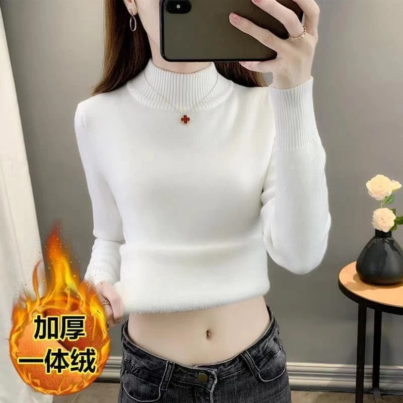 秋冬加绒毛衣女加厚一体绒内搭大码半高领套头打底针织衫保暖上衣