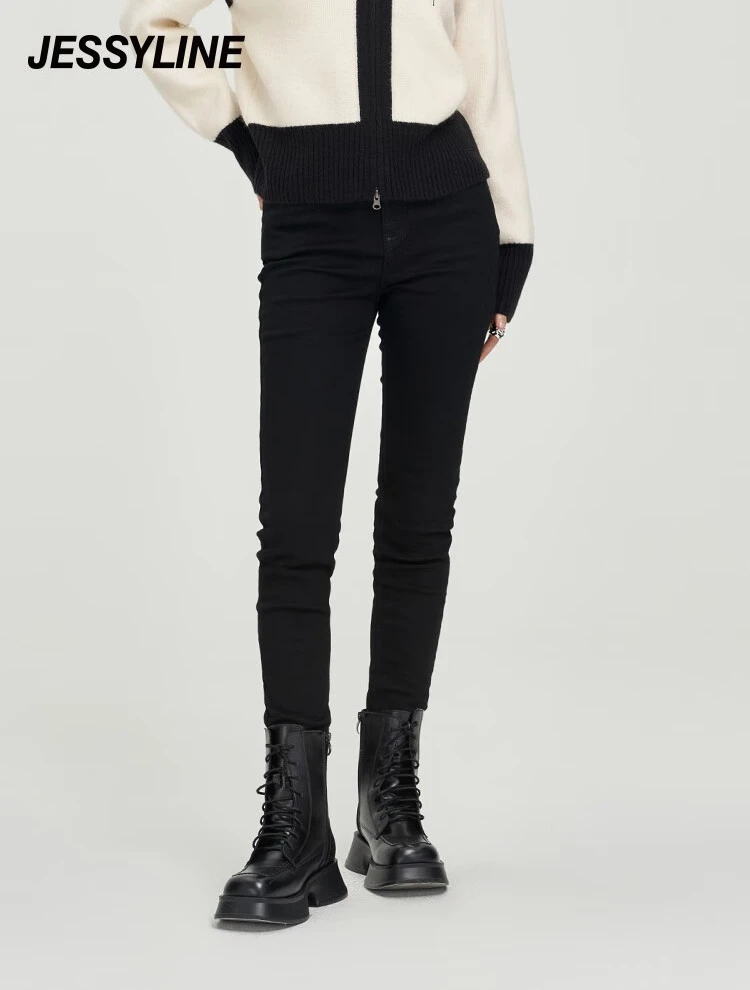 jessyline秋冬新品 杰茜莱时尚黑色修身显瘦牛仔裤女潮 334210243