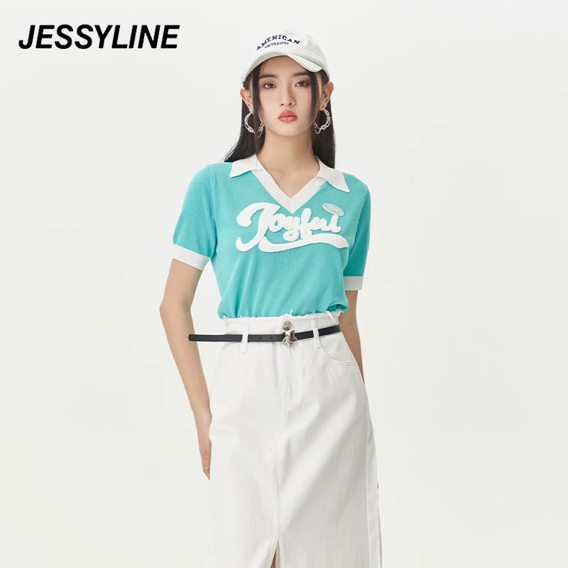 jessyline2024夏装新品 杰茜莱时尚蓝色短款字母针织衫 323204477