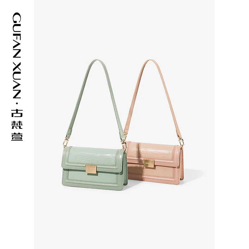 GUFAN XUAN/古梵萱真皮包包女小众设计百搭单肩斜挎包拼接小方包