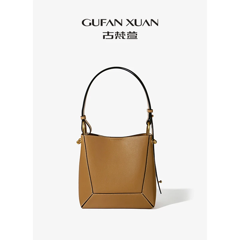 GUFAN XUAN/古梵萱小众设计真皮单肩斜挎水桶包时尚简约女士肩包
