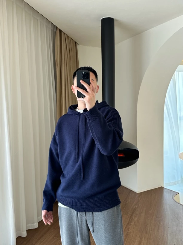 纯色破洞男宽松垂坠慵懒感针织衫高级感连帽毛衣