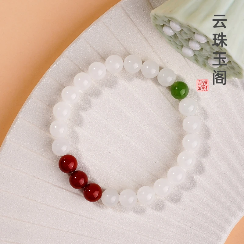 BY08+D白玉天然正品和田玉单圈朱红色古风百搭手串多样性发其一
