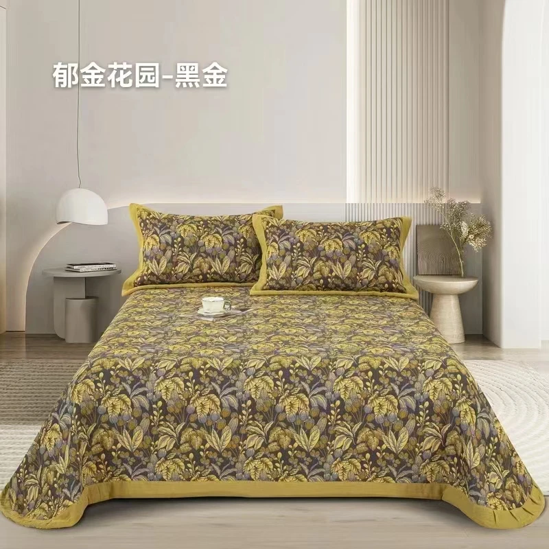 【郁金香黑金】床盖枕套三件套纯棉色织有氧三层纱圆角边