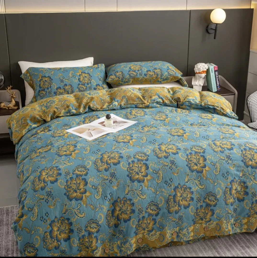 【繁花似锦四件套】蓝色色织全棉双层纱纽扣款母婴A类