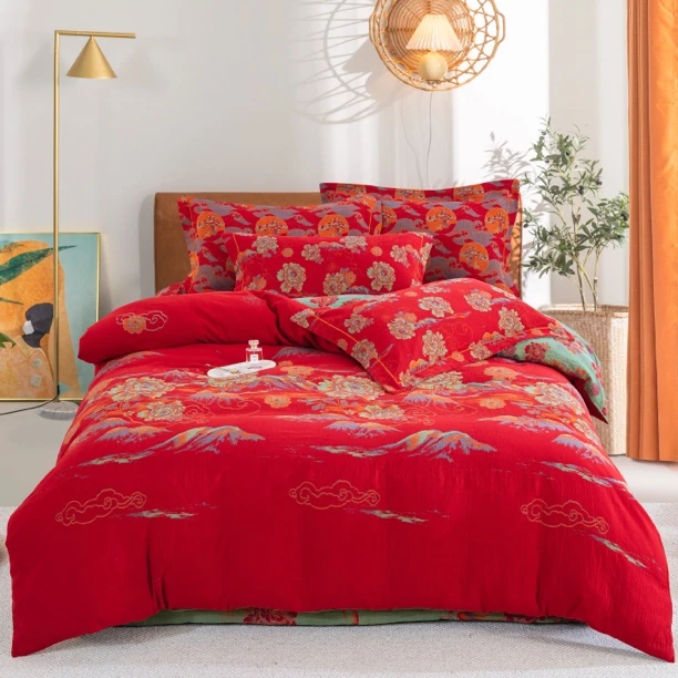 高端【游园清梦红四件套】高端色织有氧数双层纱套件亲肤