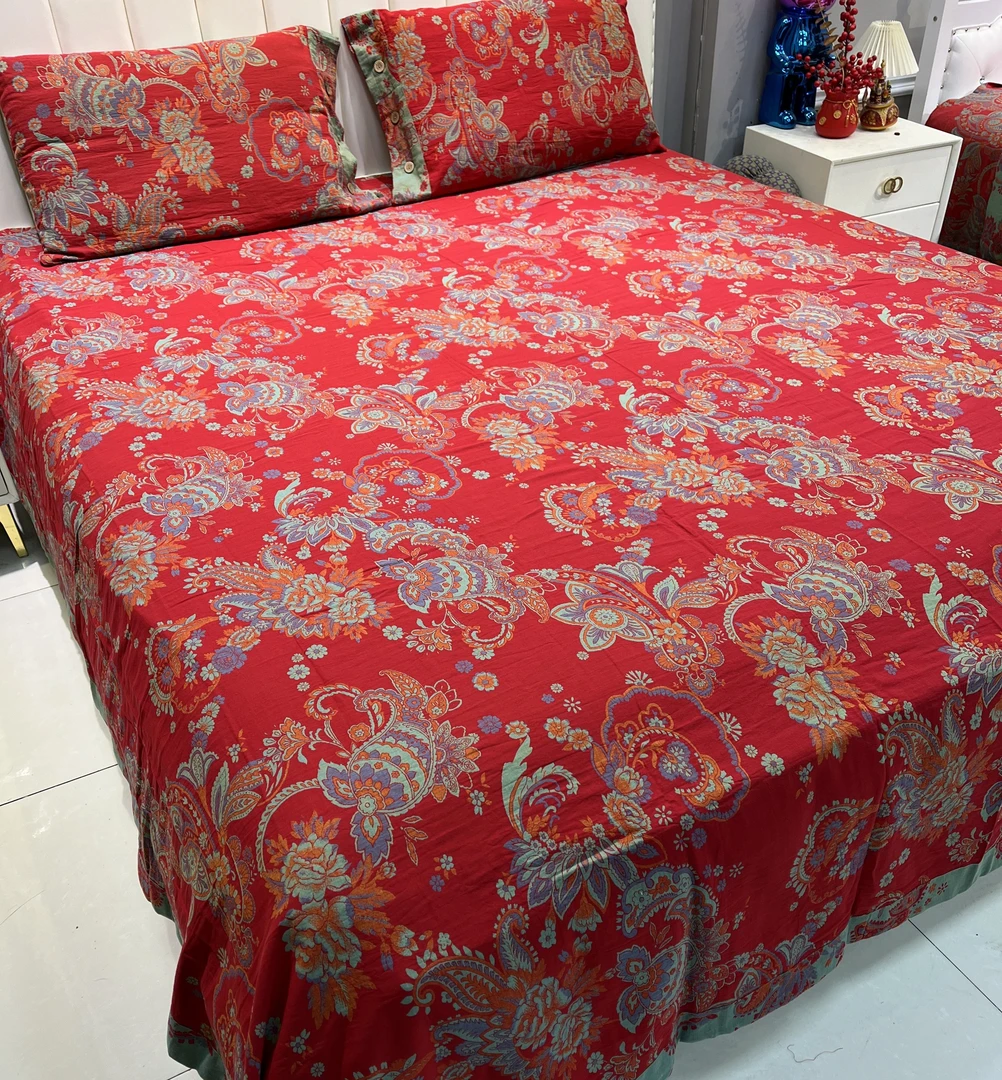 【莲年有鱼床单枕套】纯棉色织有氧双层纱圆角边椰壳扣