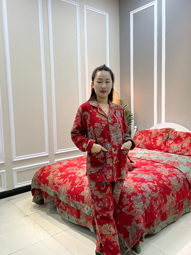 莲年有余家居服 长袖长裤色织双层纱母婴A类面料中国风复古长袖