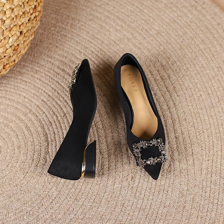 空乘职业百搭工作鞋女春秋黑色绒面浅口水钻尖头配裙舒适粗跟单鞋