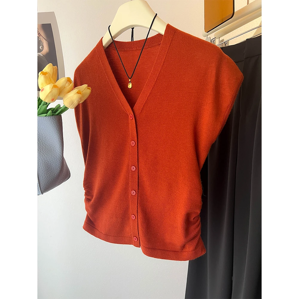 QS011气质V领露锁骨小飞袖针织套头女夏薄款别致褶皱收腰显瘦