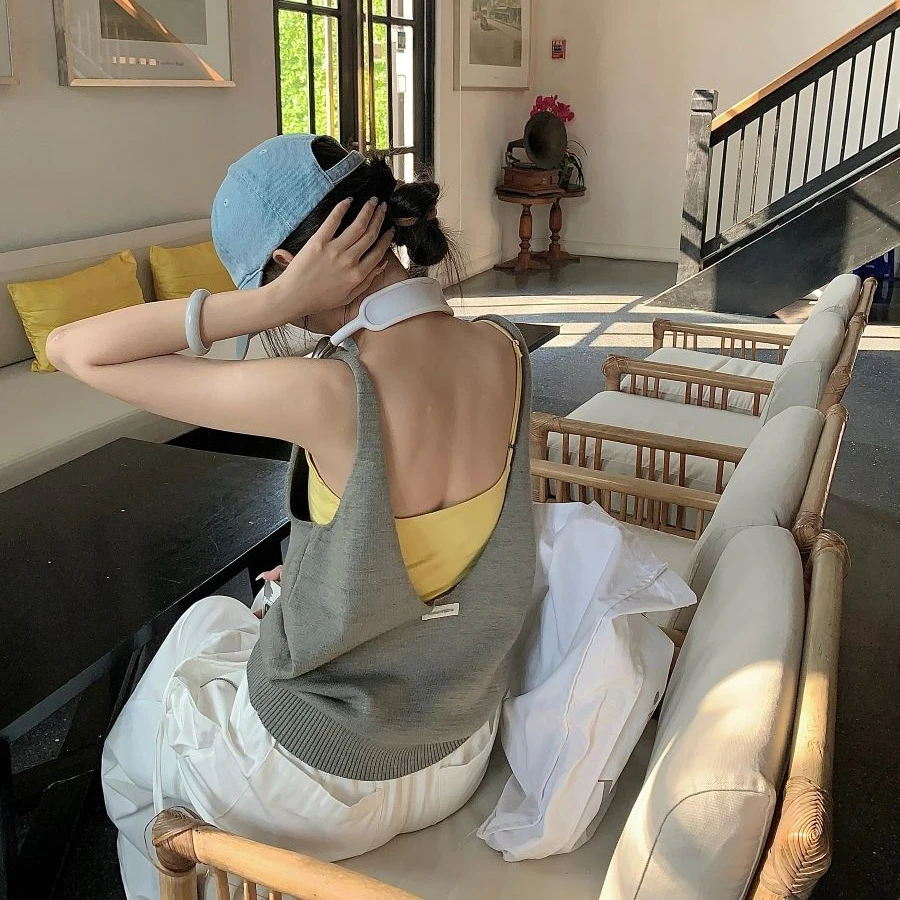 【V135】设计感大露背灰色针织背心吊带女夏季辣妹风宽松无袖外穿