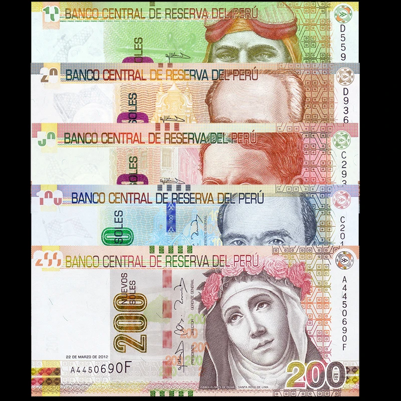 全新UNC 秘鲁10-200索尔2012-2018年5张套 美洲纸币 外币收藏保真