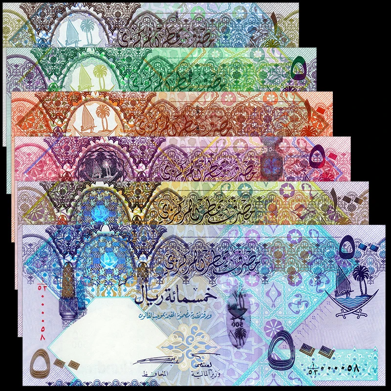 全新UNC 卡塔尔1-500里亚尔2007-2008年6张套全同号 亚洲钱币外币