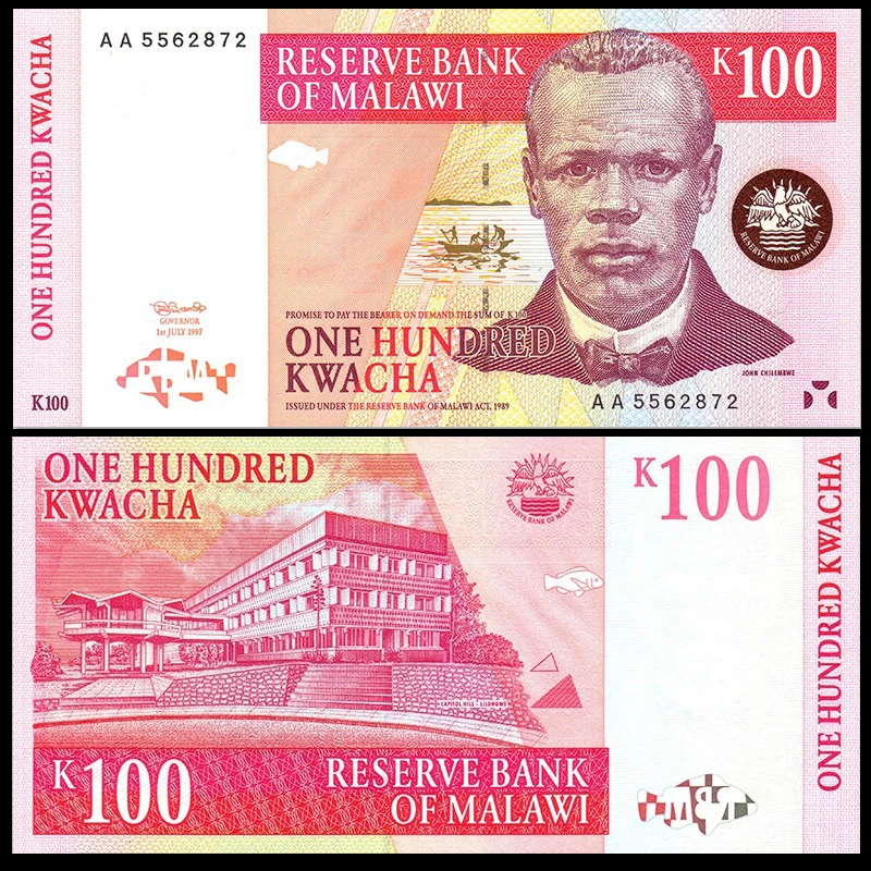 全新初版AA首冠 马拉维100克瓦查1997年 非洲纸币外币UNC收藏保真