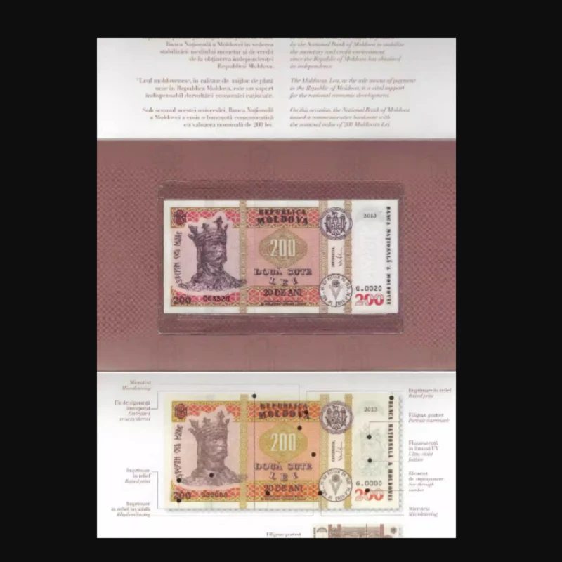 全新原册 摩尔多瓦200列伊2013年货币发行20周年纪念钞外币UNC