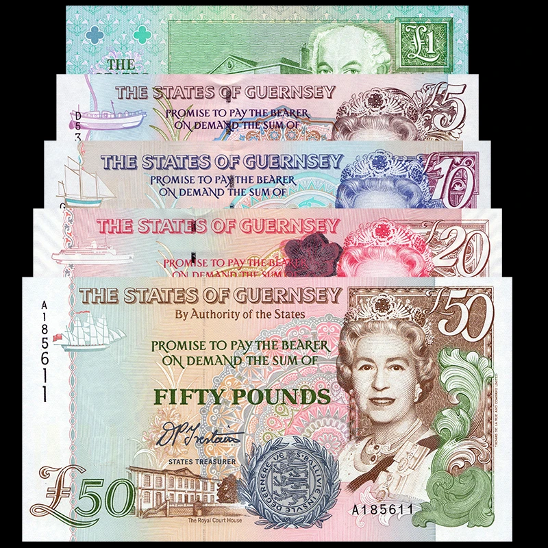 全新UNC 格恩西岛1-50镑1994-2001年5张套 欧洲外币钱币收藏保真