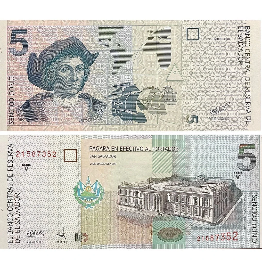 全新UNC 萨尔瓦多5科朗 1998年 美洲纸币钱币外币 收藏保真
