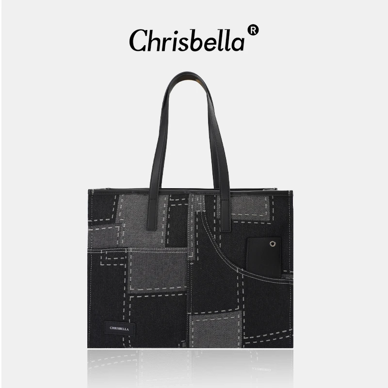 CHRISBELLA新潮百搭牛仔拼接手提托特包