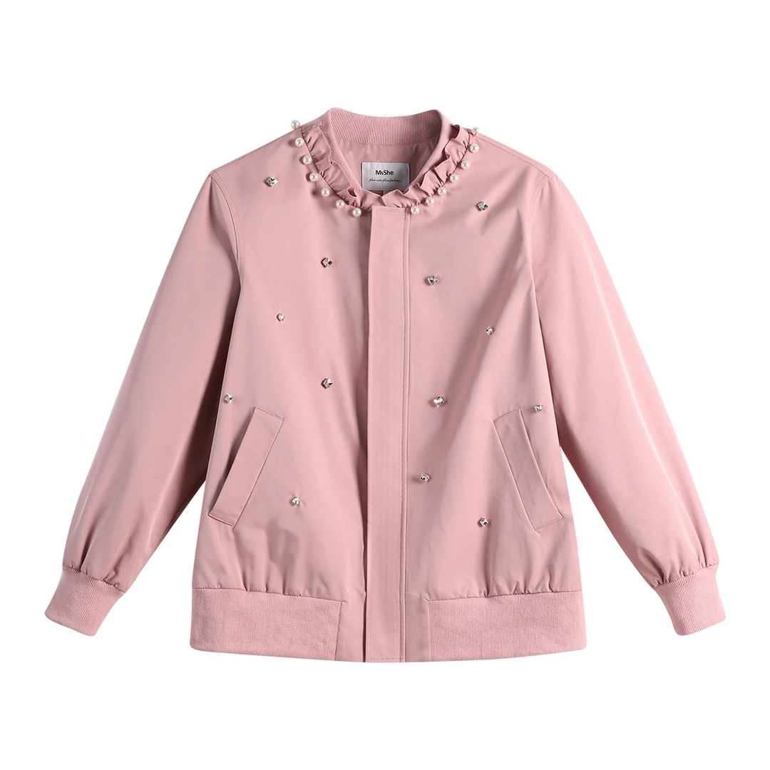 【重工钉珠-两种厚度】MsShe大码女春木耳边棒球夹克外套L~E2409065