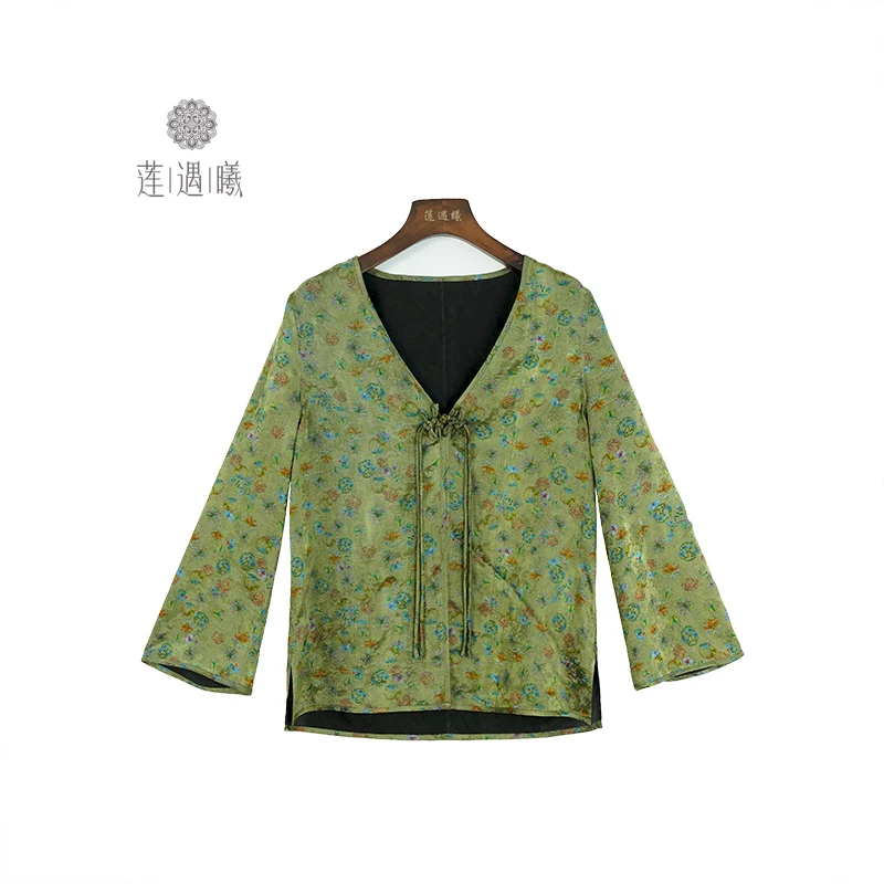 青衫渡桑波缎绿色女士外套莲遇曦时装24B39-609