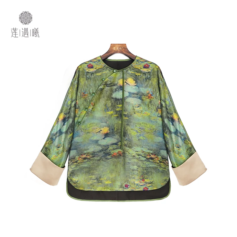 莫奈睡莲绿重缎女式中国风上衣莲遇曦时装1a350696