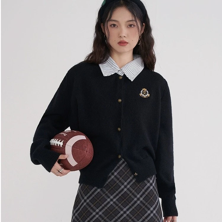 学院风假两件开衫毛衣2025春秋宽松polo领韩版显瘦小个子针织上衣