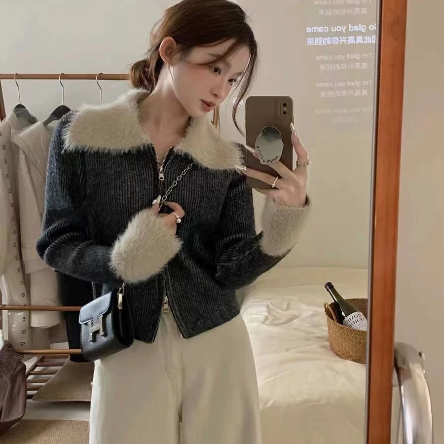 美拉德穿搭撞色拼接毛领双拉链毛衣外套女春秋季百搭翻领针织开衫