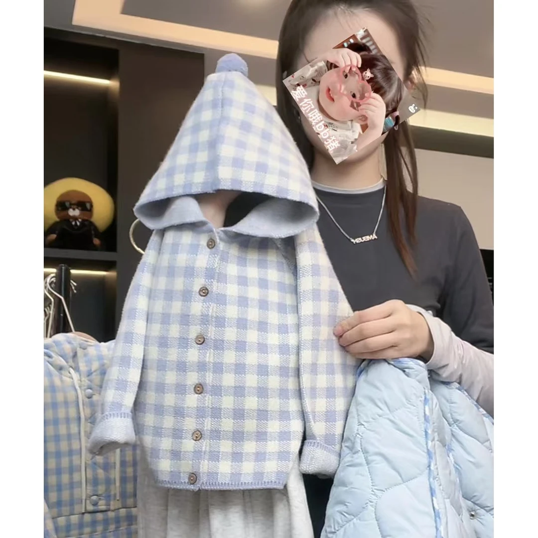 【Umi现货】2024秋冬装韩版儿童精灵帽格子连帽开衫毛衣外套MPG5265