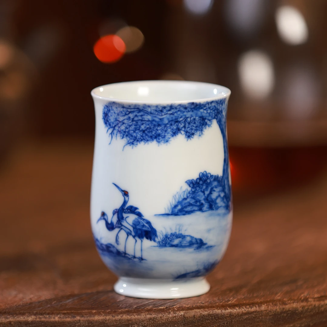 刘建锋窑青花鹤握手杯纯手工主人杯陶瓷