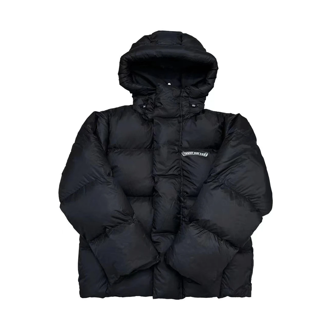 【YY】黑色戴帽梵文十字拉链出街潮流时尚羽绒服（暖暖冬日）