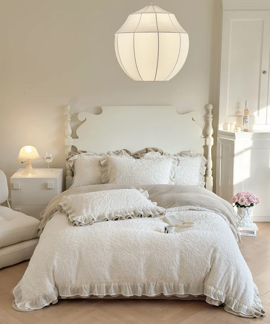 2023韩式浪漫花边加厚雕花兔毛绒牛奶绒四件套冬季保暖双面绒被套