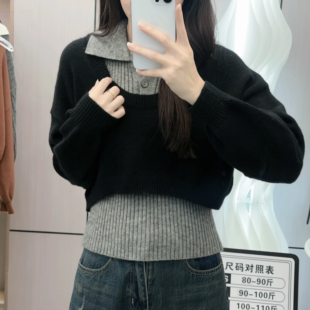 【真两件套】针织毛衣通勤女装早秋2024新款polo领短款上衣7307