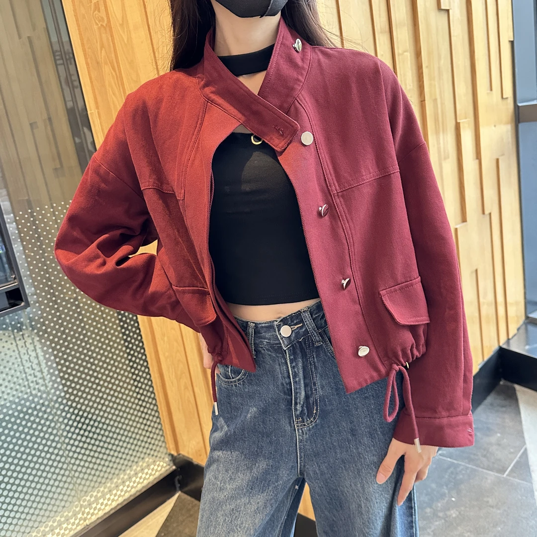 7315安可拉红设计感立领夹克上衣韩版宽松显瘦短款风衣外套