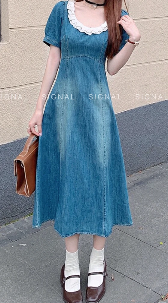 一介女装 大码减龄复古蕾丝拼接显瘦收腰牛仔连衣裙1072