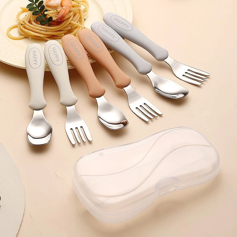 316不锈钢儿童勺子叉子家用硅胶手柄调羹宝宝吃饭喝汤匙便携餐具
